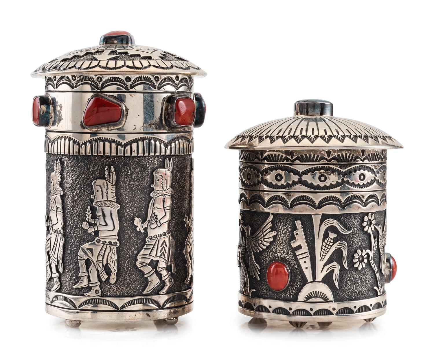 Stamped Sterling Silver Lidded Cases, with Turquoise and Coral Inlay