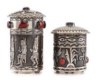Stamped Sterling Silver Lidded Cases, with Turquoise and Coral Inlay