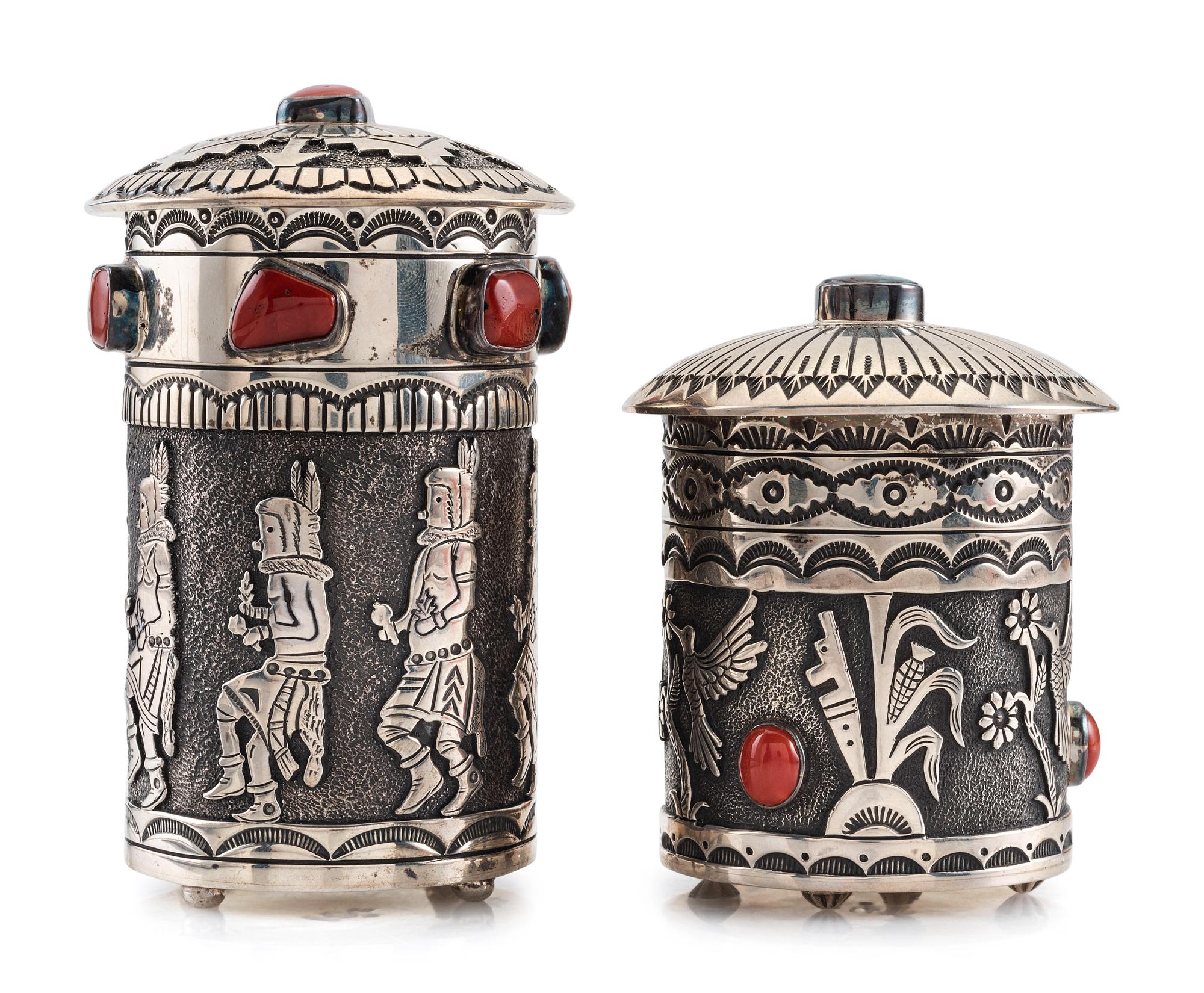 Stamped Sterling Silver Lidded Cases, with Turquoise and Coral Inlay