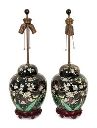 A Pair of Chinese Famille Noir Porcelain Covered Jars Now Mounted as Lamps