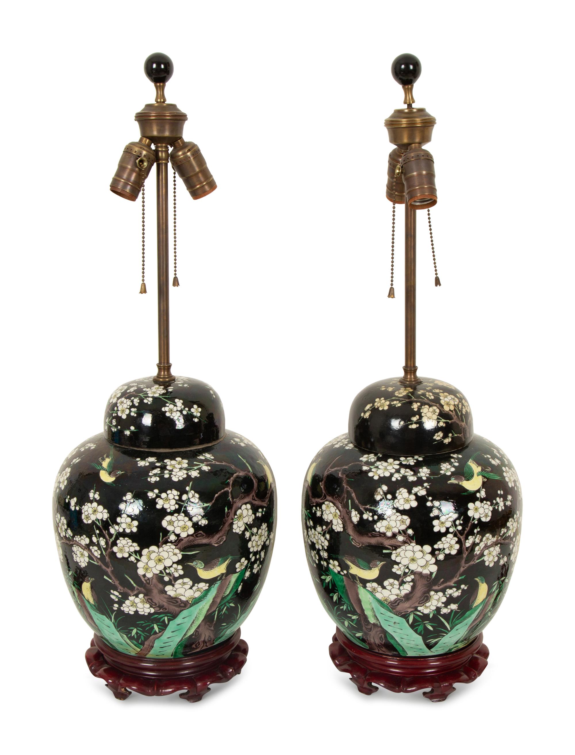 A Pair of Chinese Famille Noir Porcelain Covered Jars Now Mounted as Lamps
