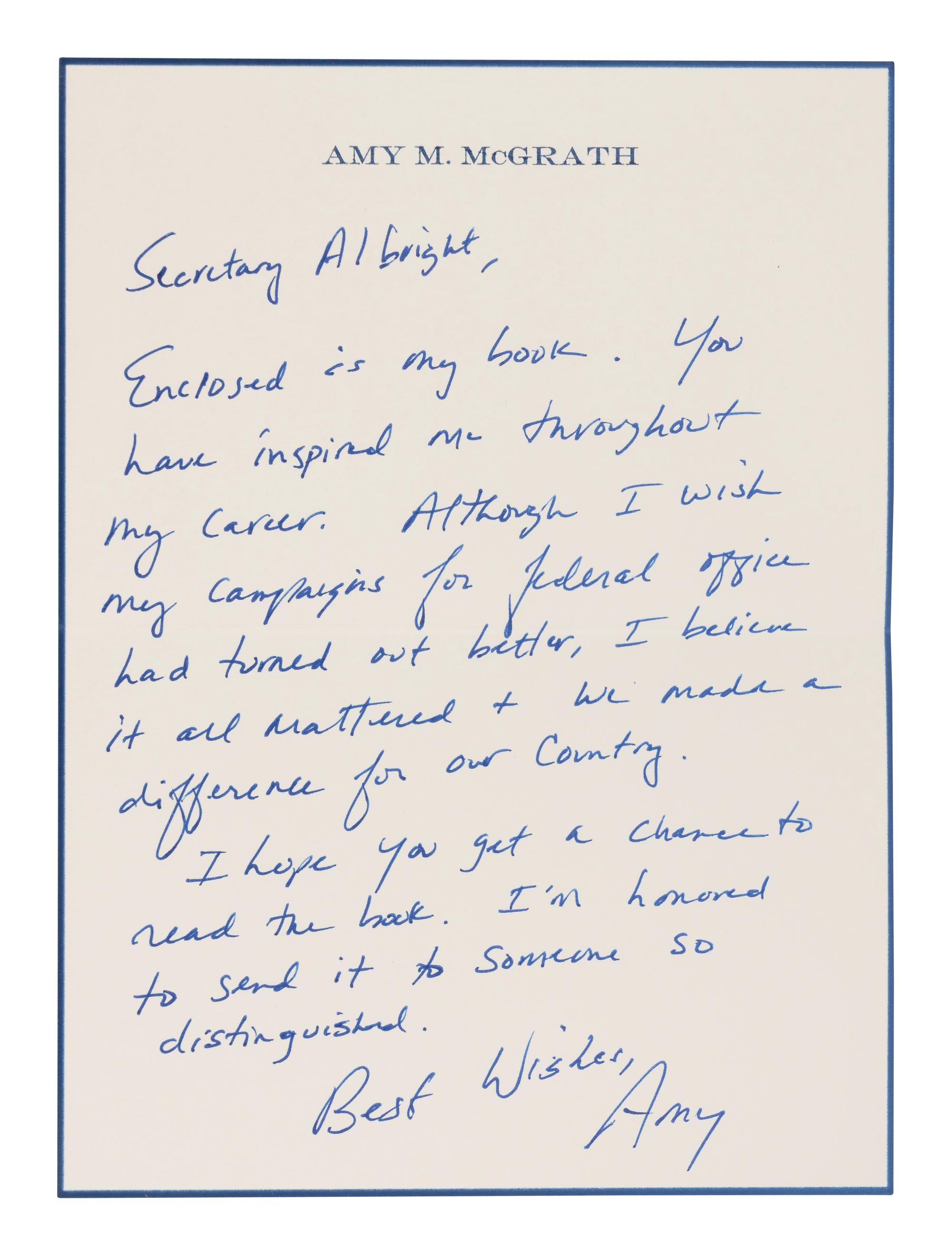 McGRATH, Amy. Honor Bound an American Story of Dreams and Service . 2021. FIRST EDITION. PRESENTATION COPY, INSCRIBED BY McGRATH TO SECRETARY ALBRIGHT.