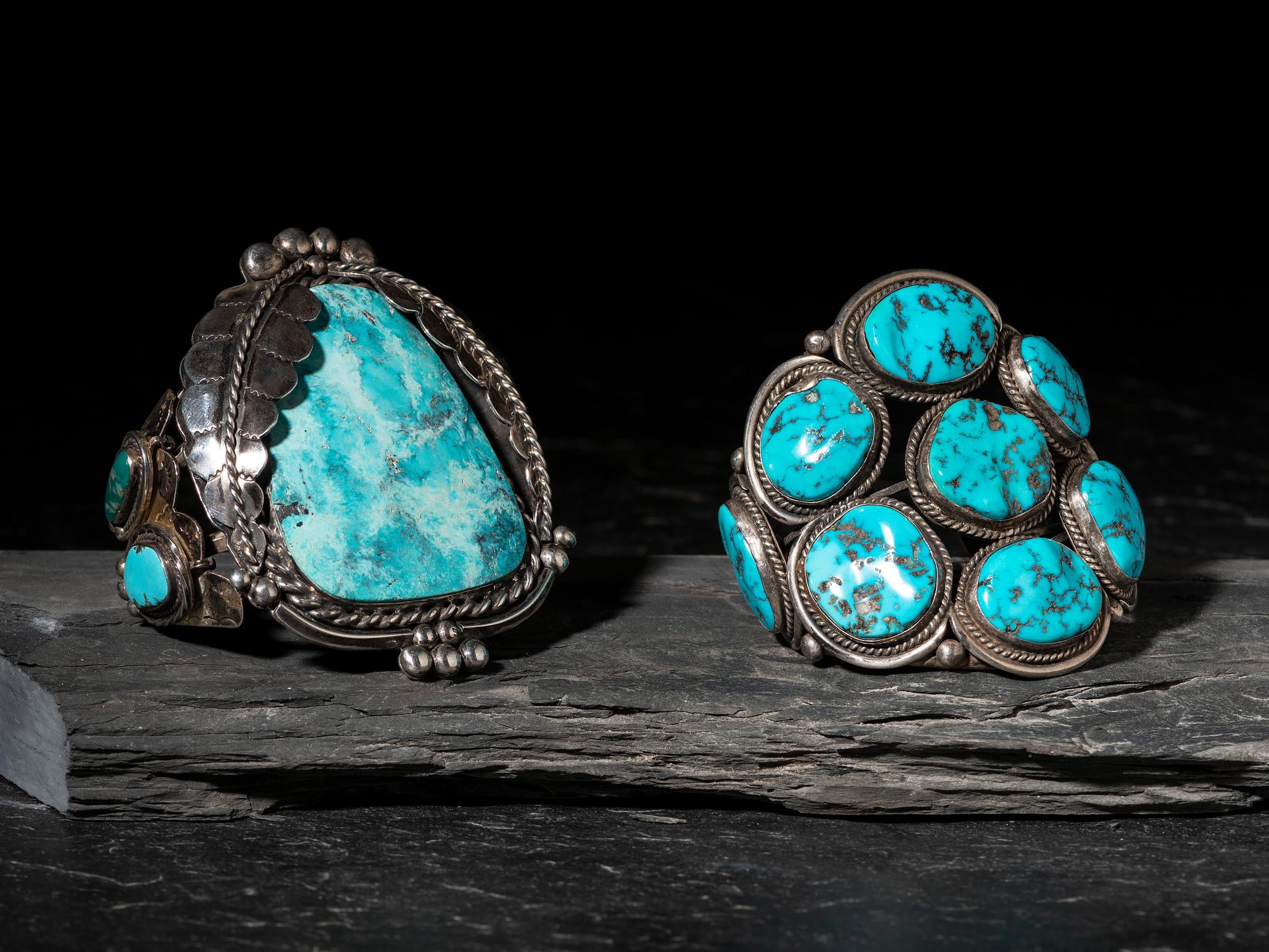 Large Navajo Silver and Turquoise Cuff Bracelets