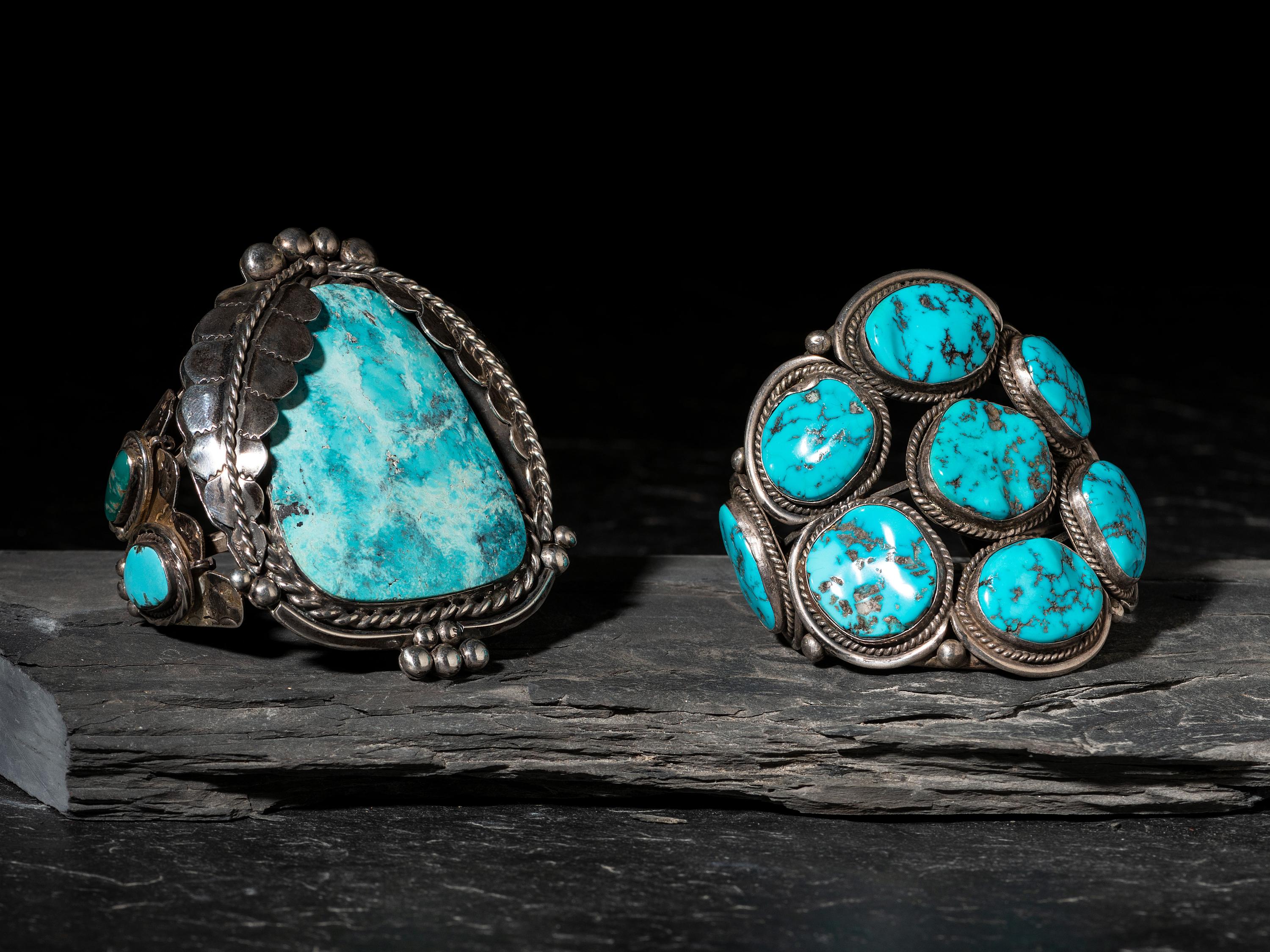 Large Navajo Silver and Turquoise Cuff Bracelets
