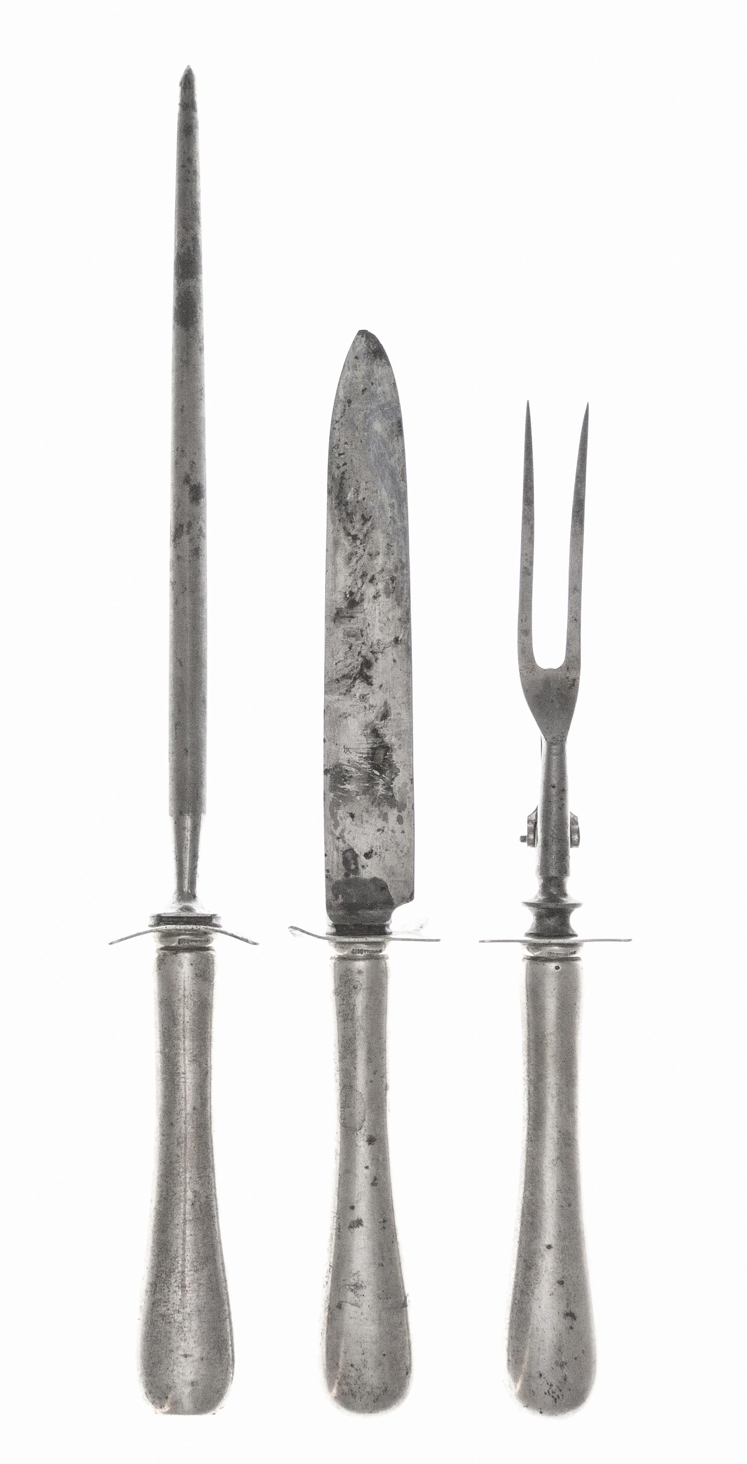 An American Silver Three-Piece Carving Set, Gorham Mfg. Co., Providence, RI, 19th Century, comprising a knife, a fork and a sharpener,