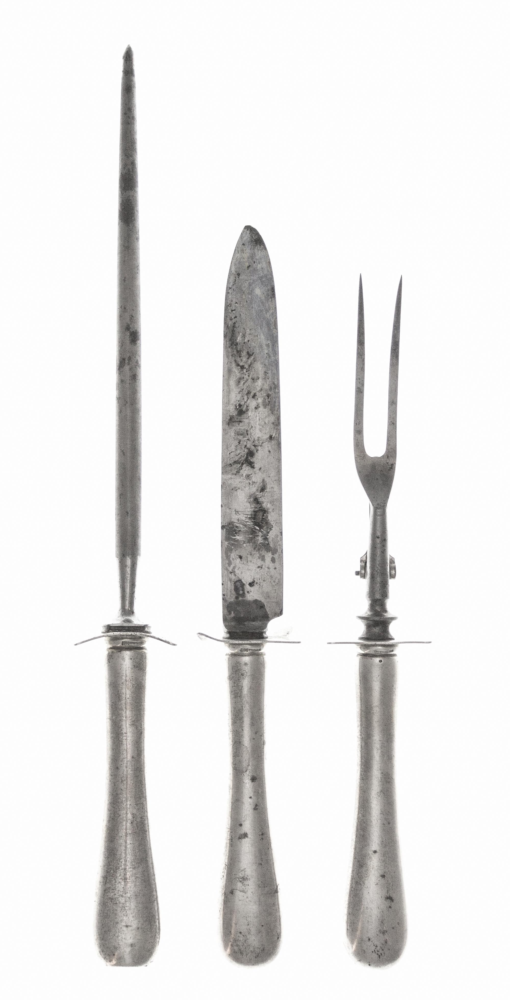 An American Silver Three-Piece Carving Set, Gorham Mfg. Co., Providence, RI, 19th Century, comprising a knife, a fork and a sharpener,