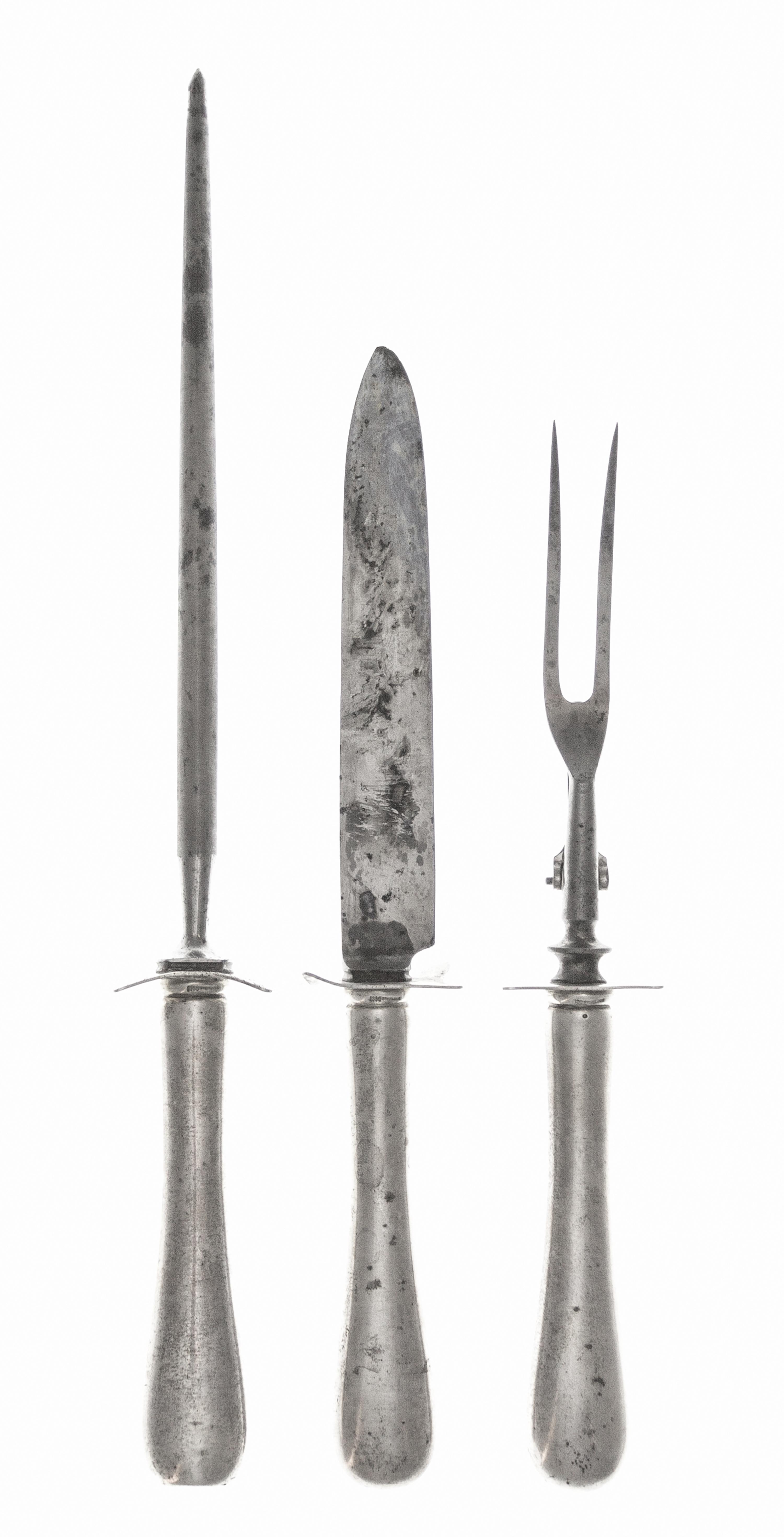 An American Silver Three-Piece Carving Set, Gorham Mfg. Co., Providence, RI, 19th Century, comprising a knife, a fork and a sharpener,