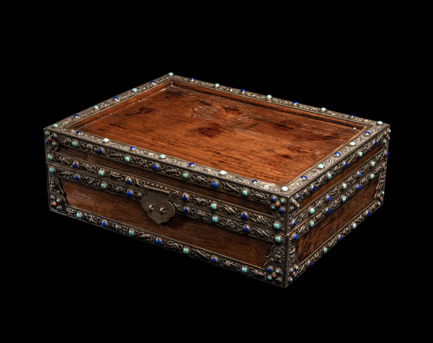 A Chinese Hardstone Inset Silver Mounted Huanghuali Hinged Box