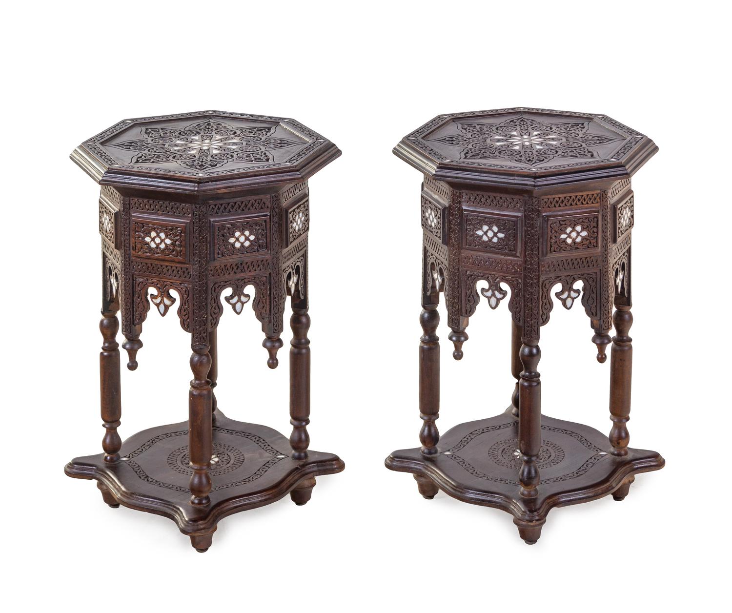 A Pair of Syrian Mother-of-Pearl Inlaid Walnut Side Tables