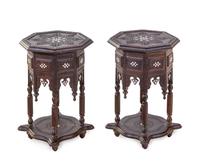 A Pair of Syrian Mother-of-Pearl Inlaid Walnut Side Tables