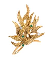 An 18 Karat Yellow Gold, Emerald and Diamond Brooch, 10.10 dwts.