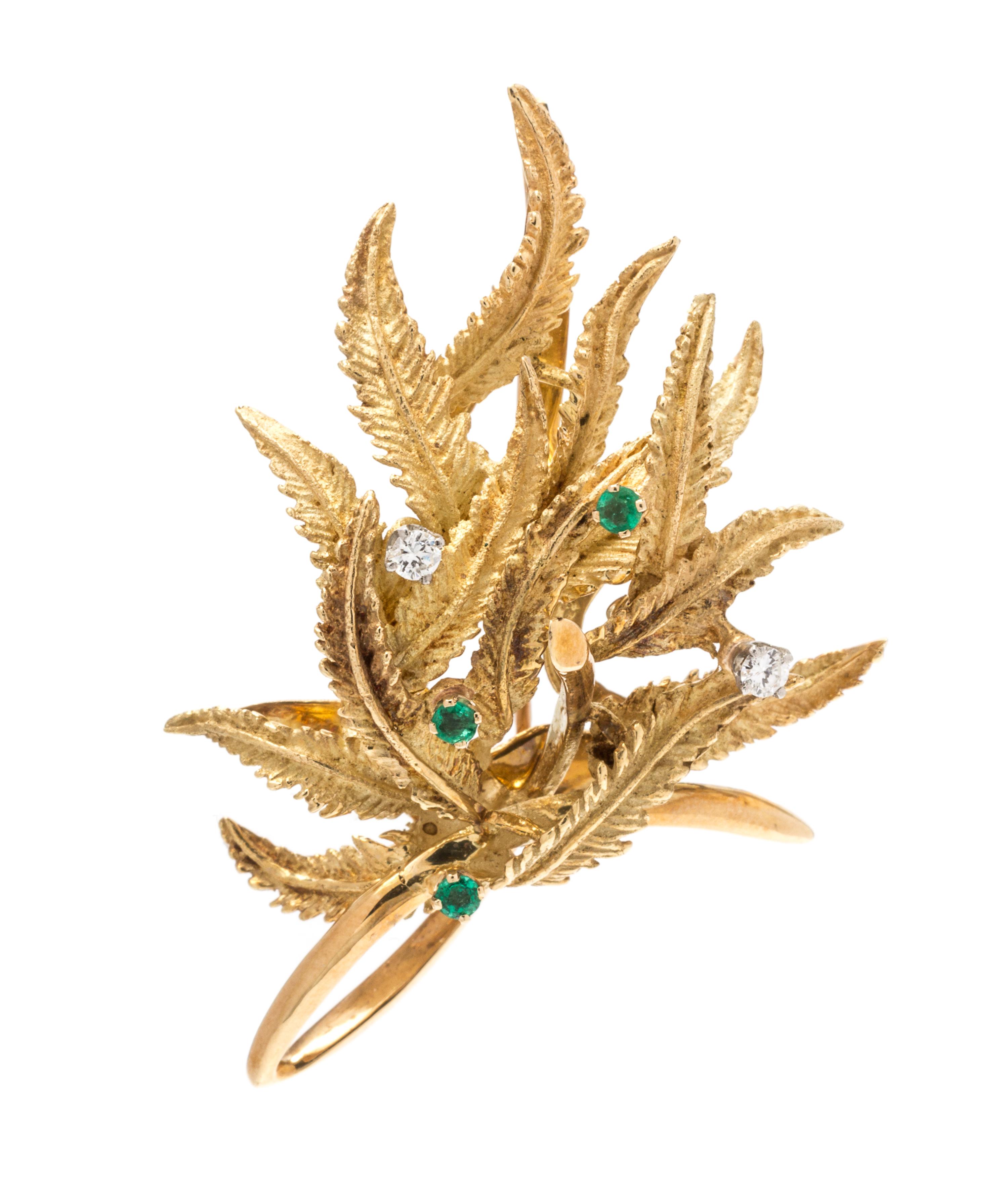 An 18 Karat Yellow Gold, Emerald and Diamond Brooch, 10.10 dwts.
