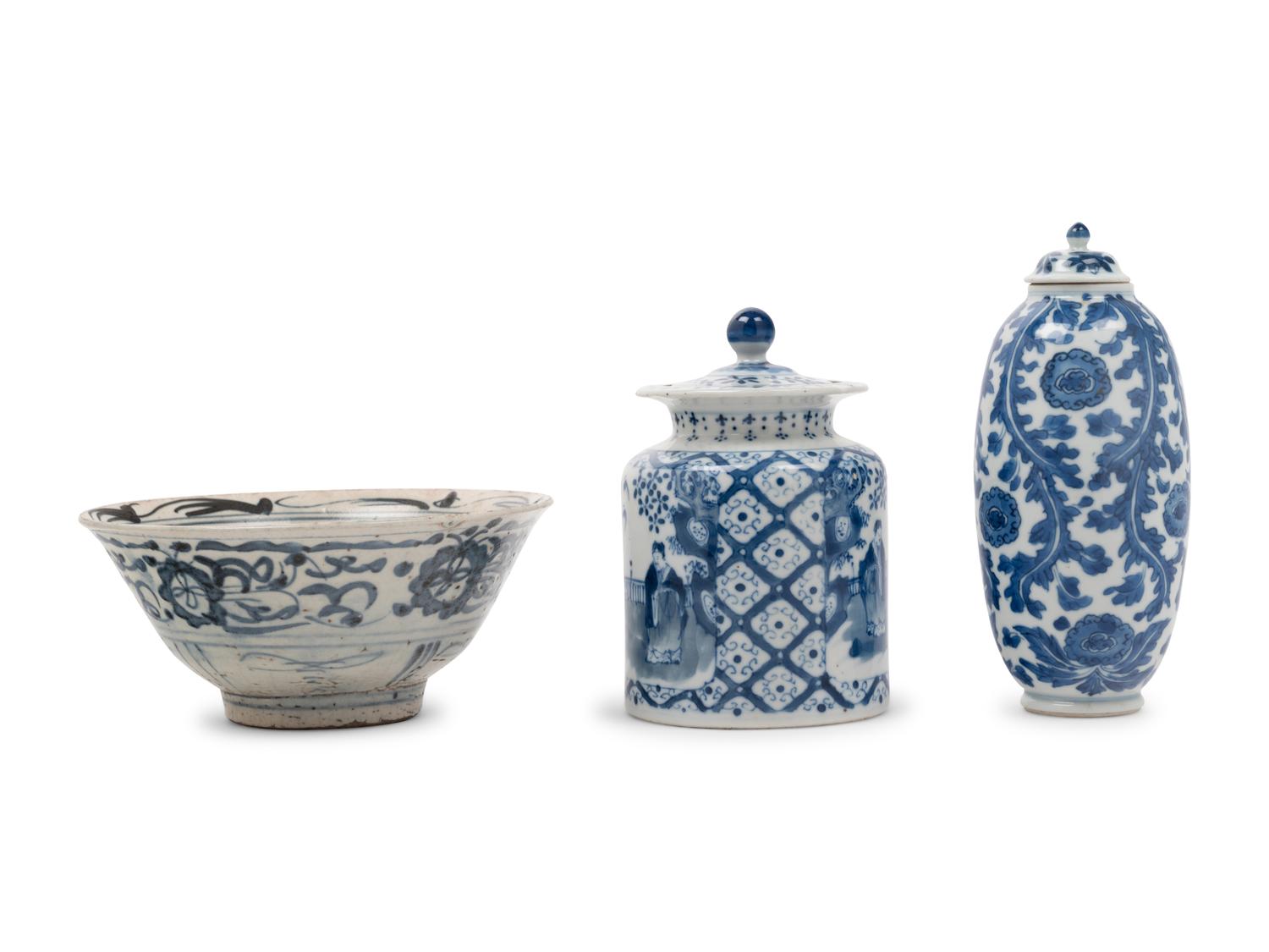 Three Chinese Export Blue and White Porcelain Wares