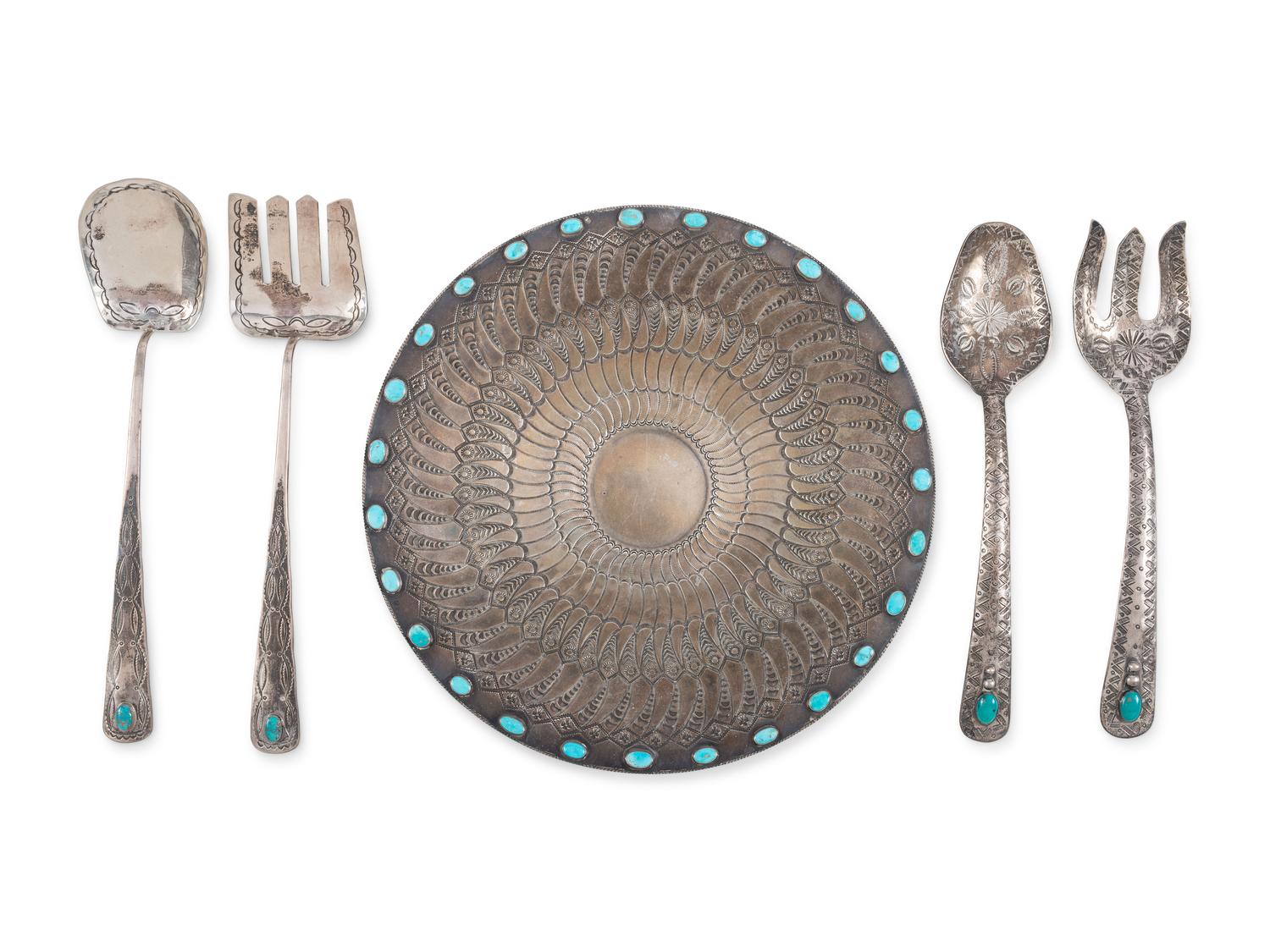 A Navajo Stamped Silver Plate and Serving Utensils, with Turquoise