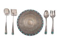 A Navajo Stamped Silver Plate and Serving Utensils, with Turquoise