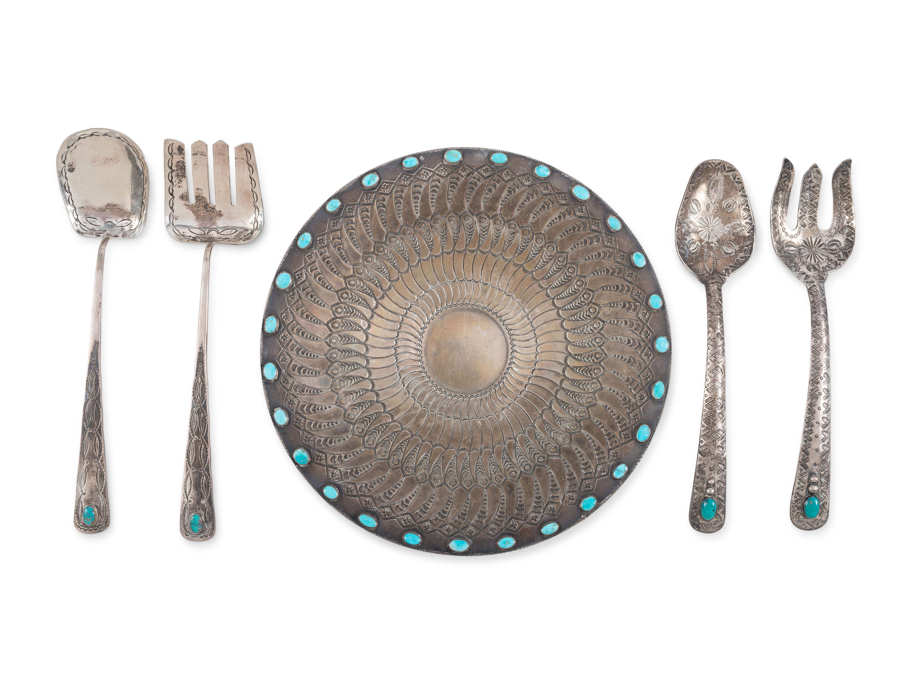 A Navajo Stamped Silver Plate and Serving Utensils, with Turquoise