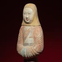 A Large Chinese Painted Pottery Standing Lady Wearing a Hood, Han Dynasty — 漢 大型灰陶彩繪風帽喇叭裙女俑
