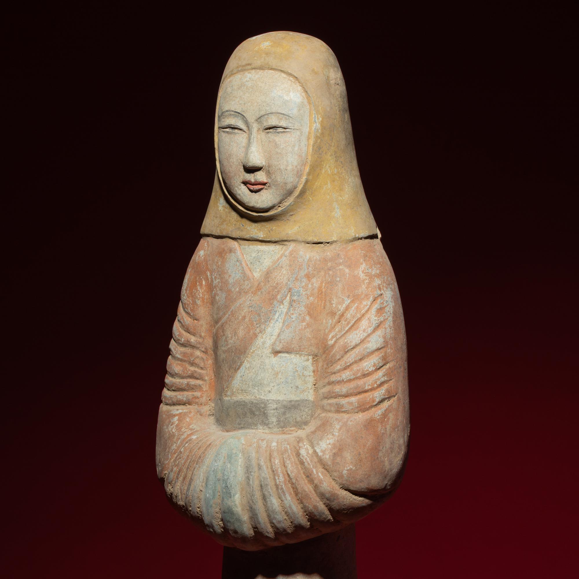 A Large Chinese Painted Pottery Standing Lady Wearing a Hood, Han Dynasty — 漢 大型灰陶彩繪風帽喇叭裙女俑