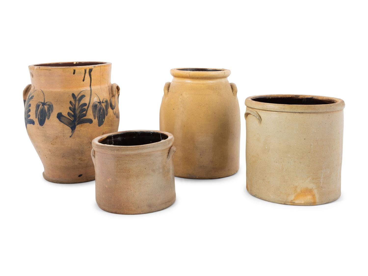 Four Cobalt Decorated Stoneware Crocks