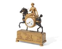 A French Empire gilt and patinated bronze mantel clock depicting a dairy maid on horseback, L. Grognot, Paris, France, early 19th century