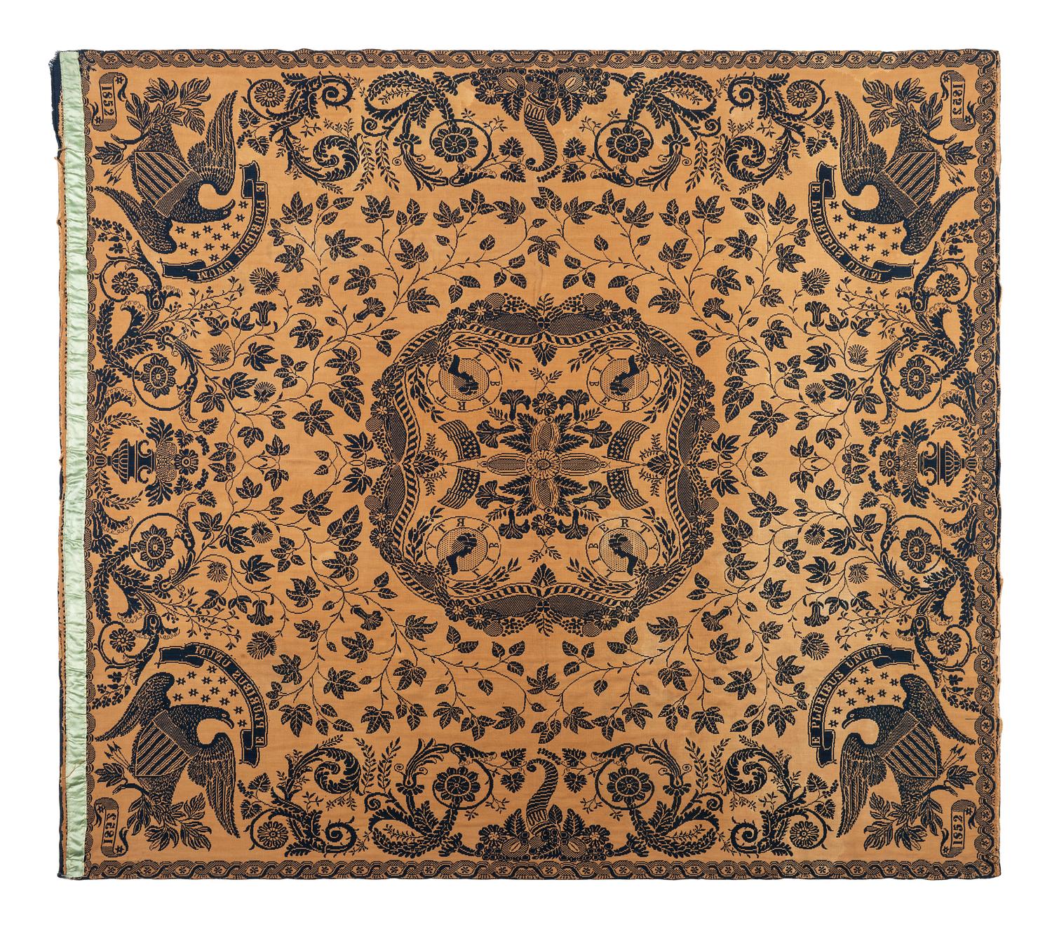 A Blue and White Jacquard Woven Liberty Coverlet