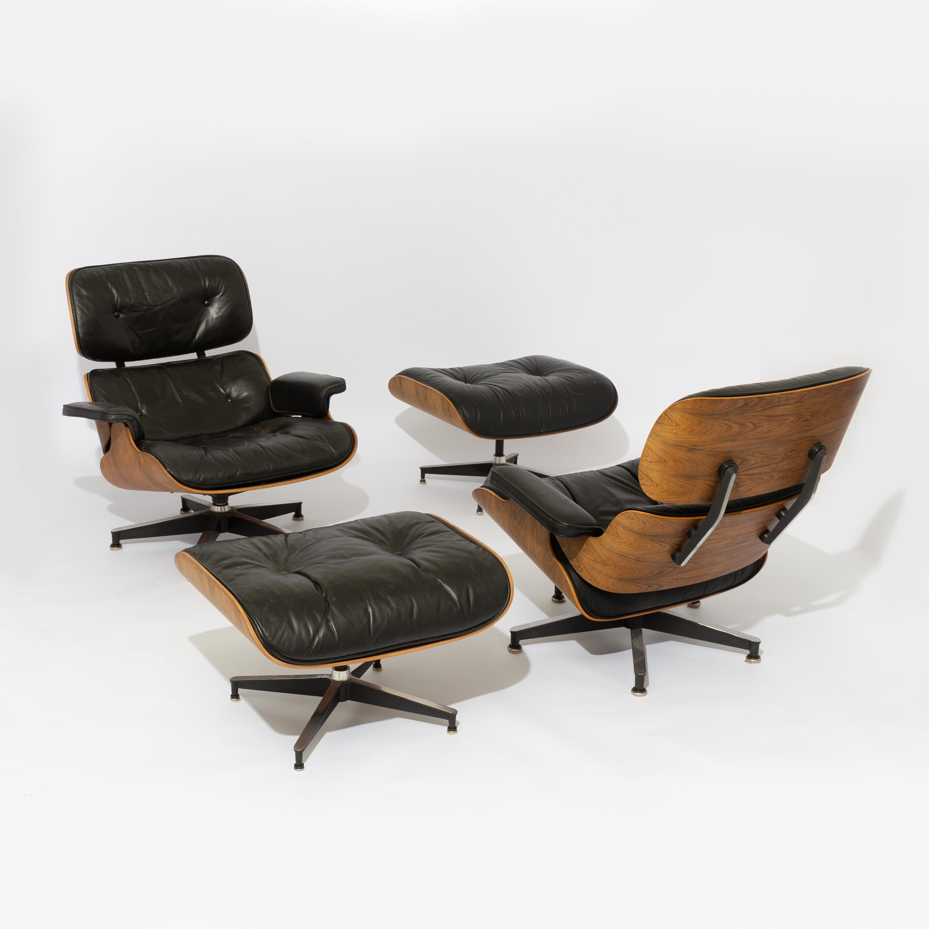 Charles and Ray Eames (American, 1907–1978 | 1913–1988) — Pair of 670 Lounge Chairs and 671 Ottomans Herman Miller USA, designed 1956