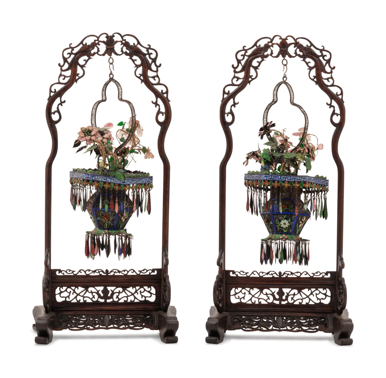 A Pair of Chinese Enameled Filigree Basket Ornaments Suspended from Carved Hardwood Stands