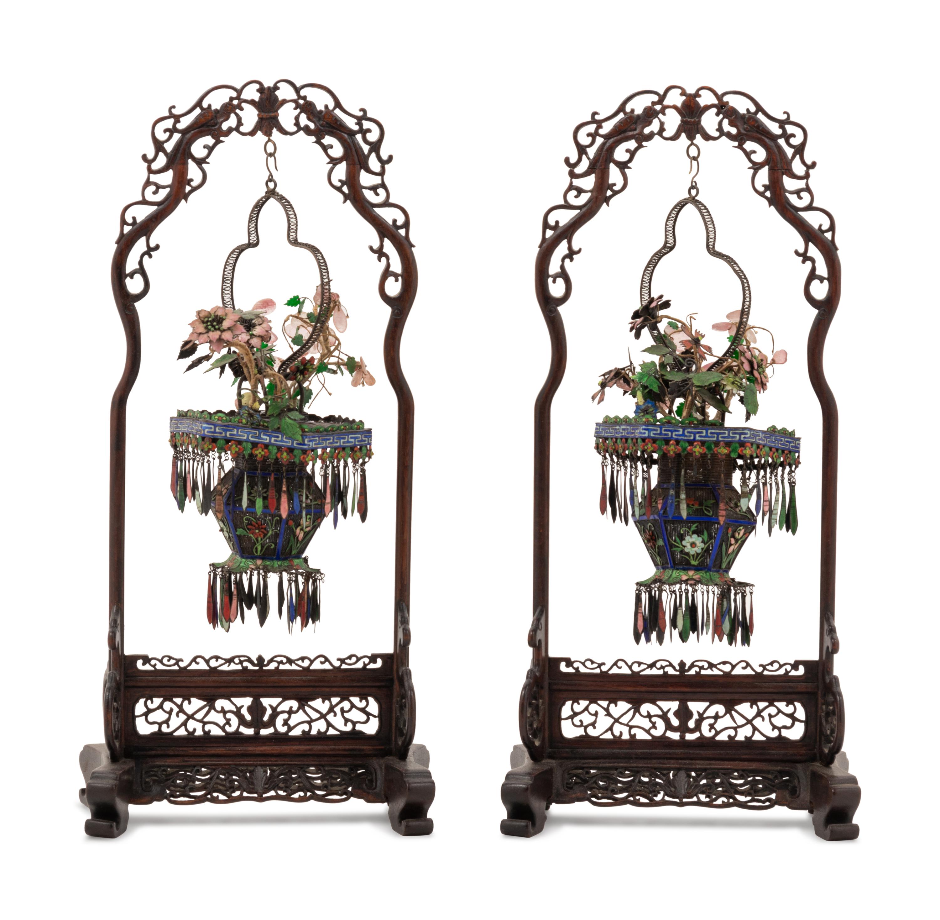 A Pair of Chinese Enameled Filigree Basket Ornaments Suspended from Carved Hardwood Stands