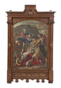 A German Ecclesiastical Painting on Copper, Height overall 64 x width 37 inches.