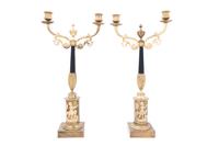 A Pair of French Gilt and Patinated Bronze Two-Light Candelabra