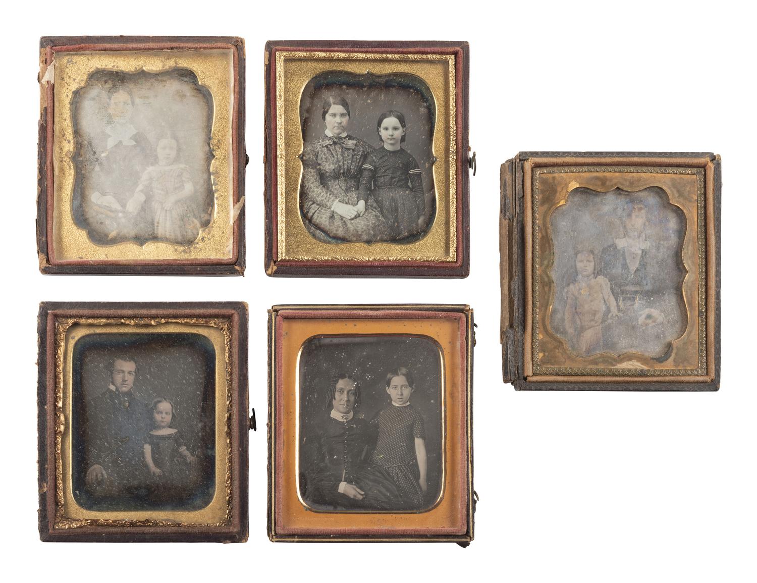 [EARLY PHOTOGRAPHY]. 19 sixth plate daguerreotypes of parents with children.