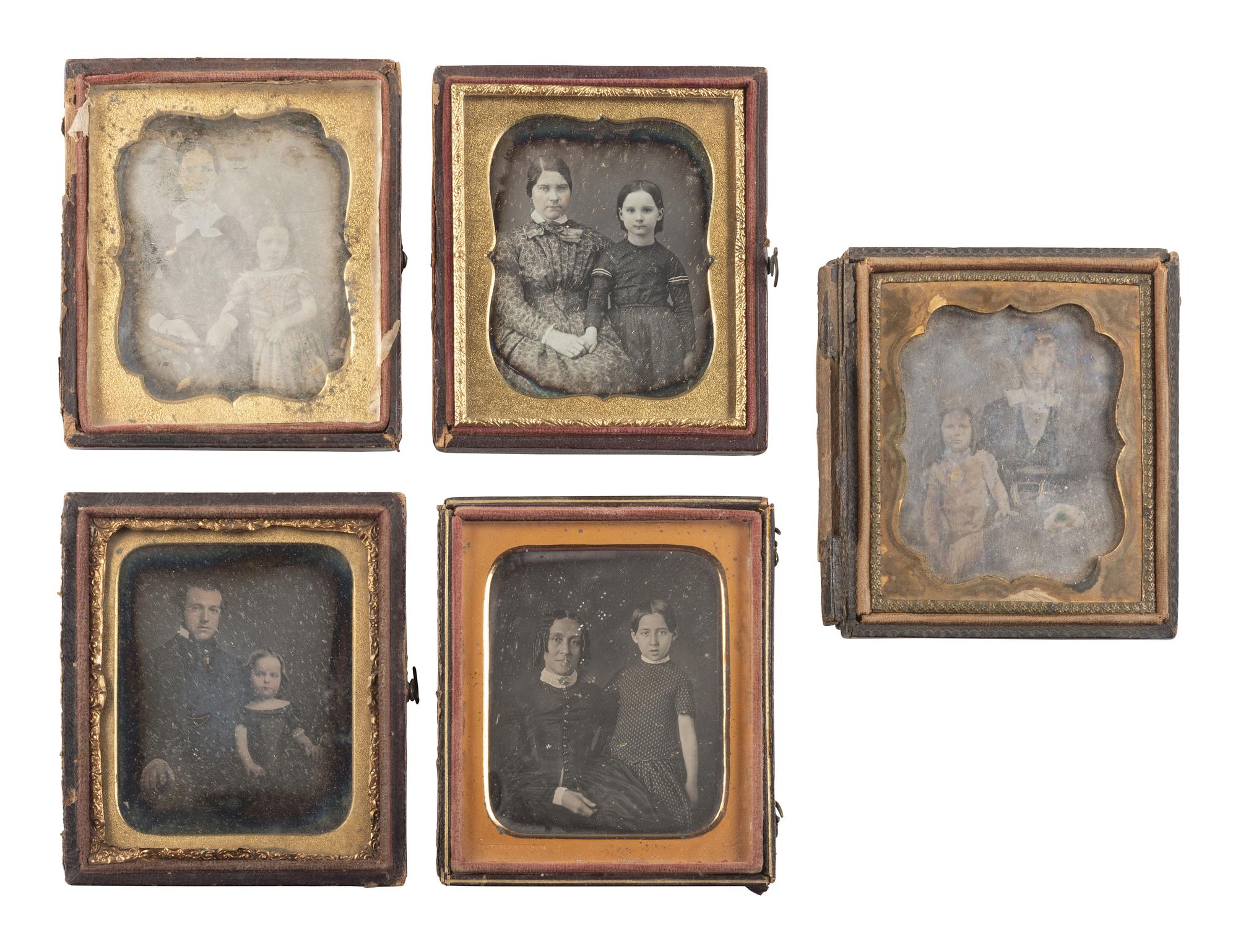 [EARLY PHOTOGRAPHY]. 19 sixth plate daguerreotypes of parents with children.