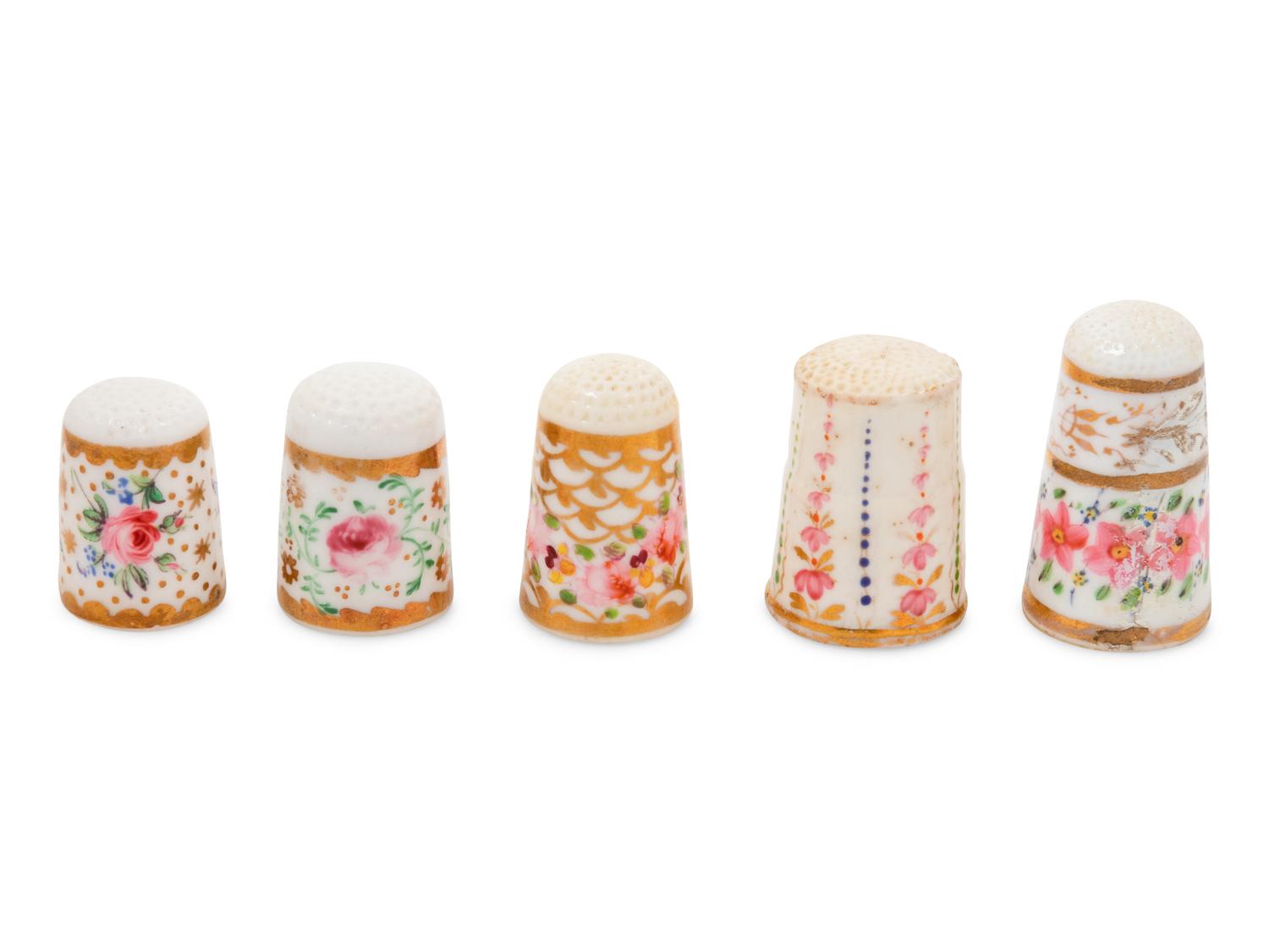Five English Painted and Parcel Gilt Porcelain Thimbles