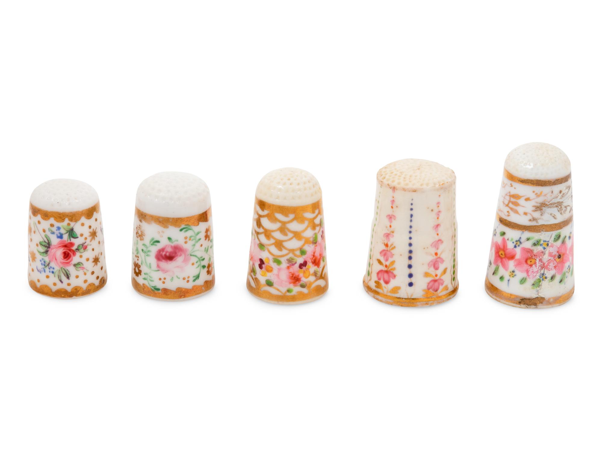 Five English Painted and Parcel Gilt Porcelain Thimbles