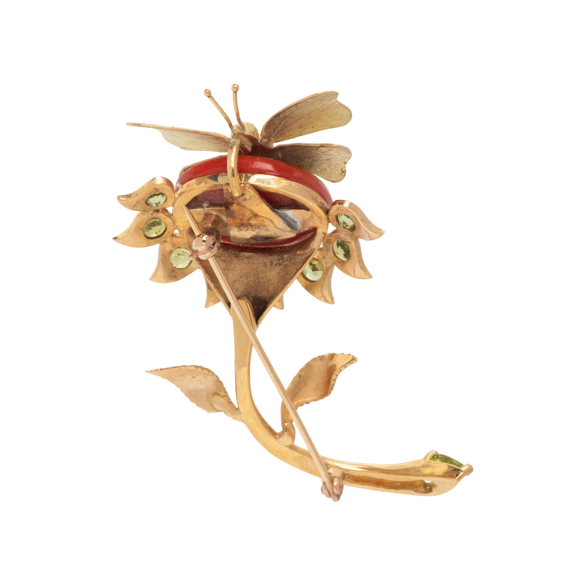 CORAL, PERIDOT, AND YELLOW GOLD FLOWER BROOCH