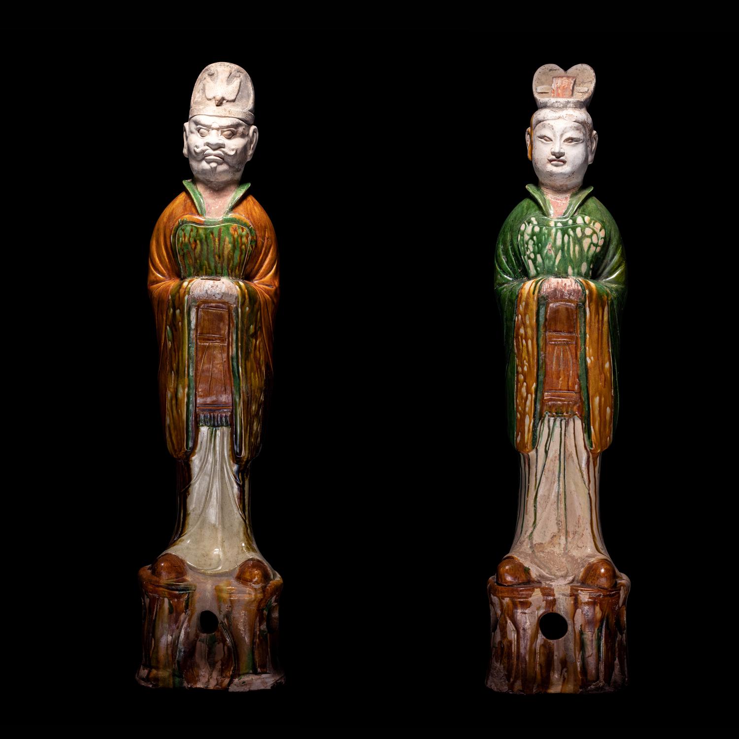 A Pair of Sancai Glazed Pottery Figures of Standing Officials