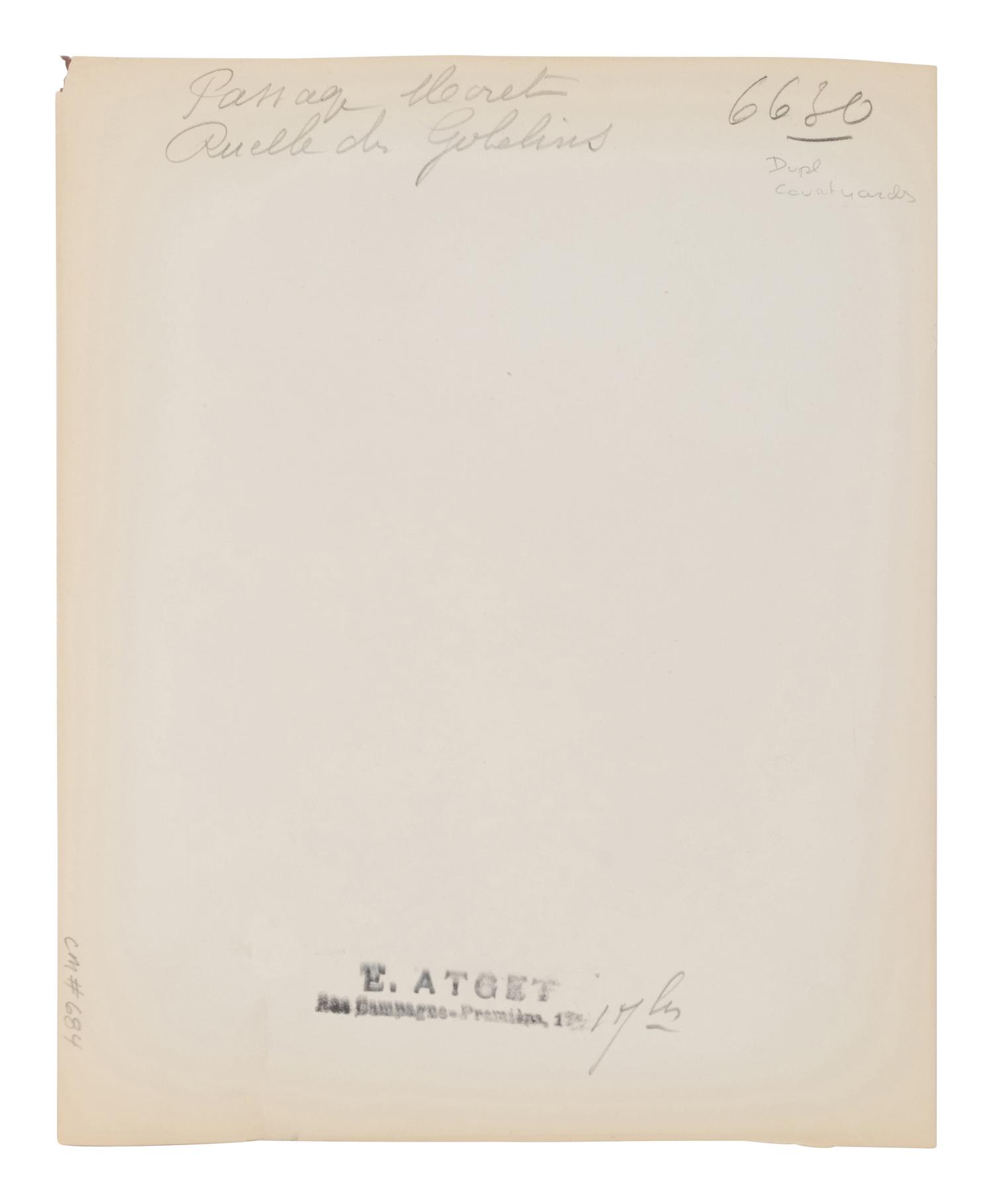 A group of four photographs depicting Paris ( Moulin Rouge [86 boulevard de Clichy] ; Passage Moret, ruelle des Gobelins ; Rue des Prêtres Saint-Séverin, au fond rue Boutebrie; Rue des Gobelins)
