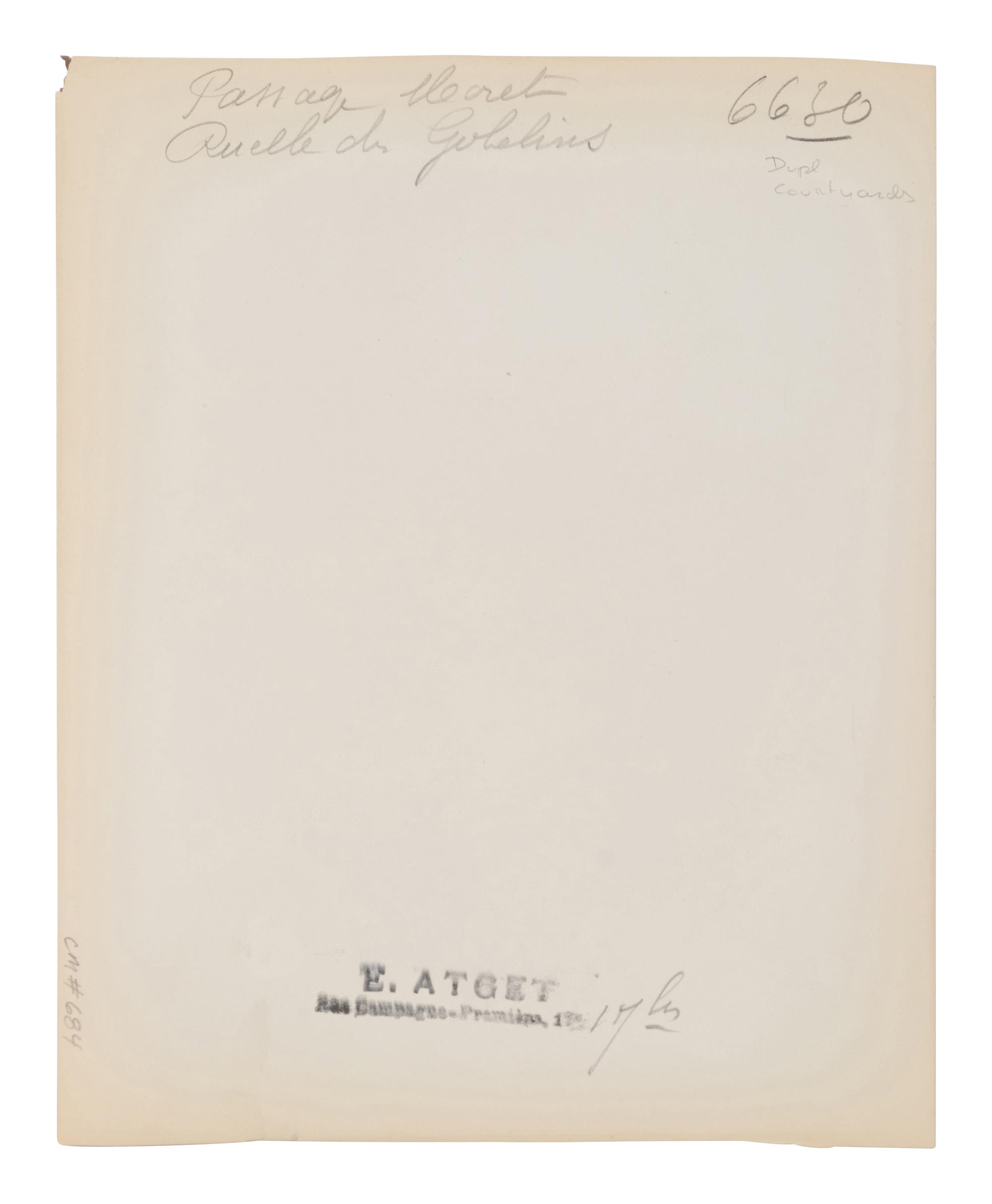 A group of four photographs depicting Paris ( Moulin Rouge [86 boulevard de Clichy] ; Passage Moret, ruelle des Gobelins ; Rue des Prêtres Saint-Séverin, au fond rue Boutebrie; Rue des Gobelins)