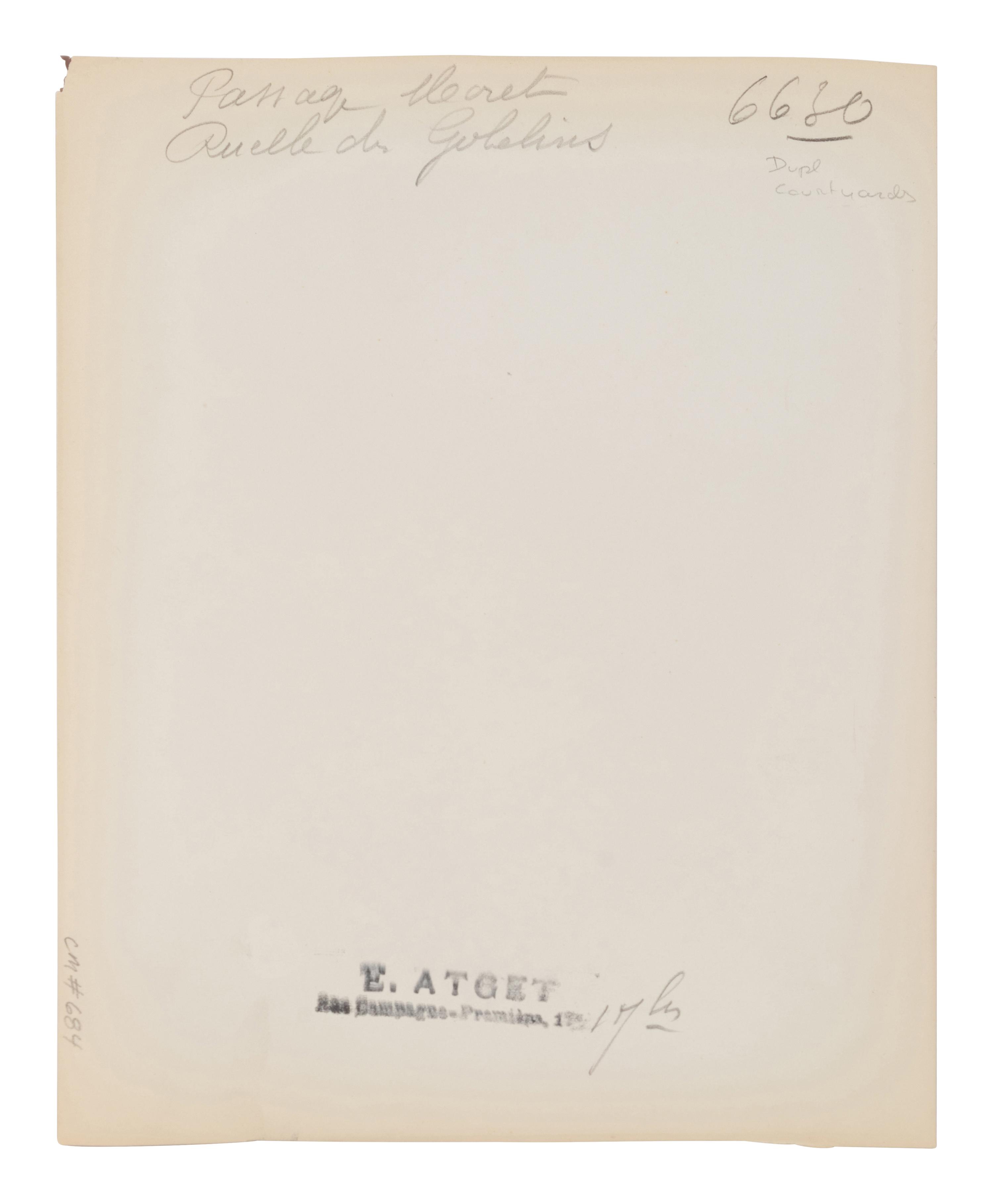A group of four photographs depicting Paris ( Moulin Rouge [86 boulevard de Clichy] ; Passage Moret, ruelle des Gobelins ; Rue des Prêtres Saint-Séverin, au fond rue Boutebrie; Rue des Gobelins)