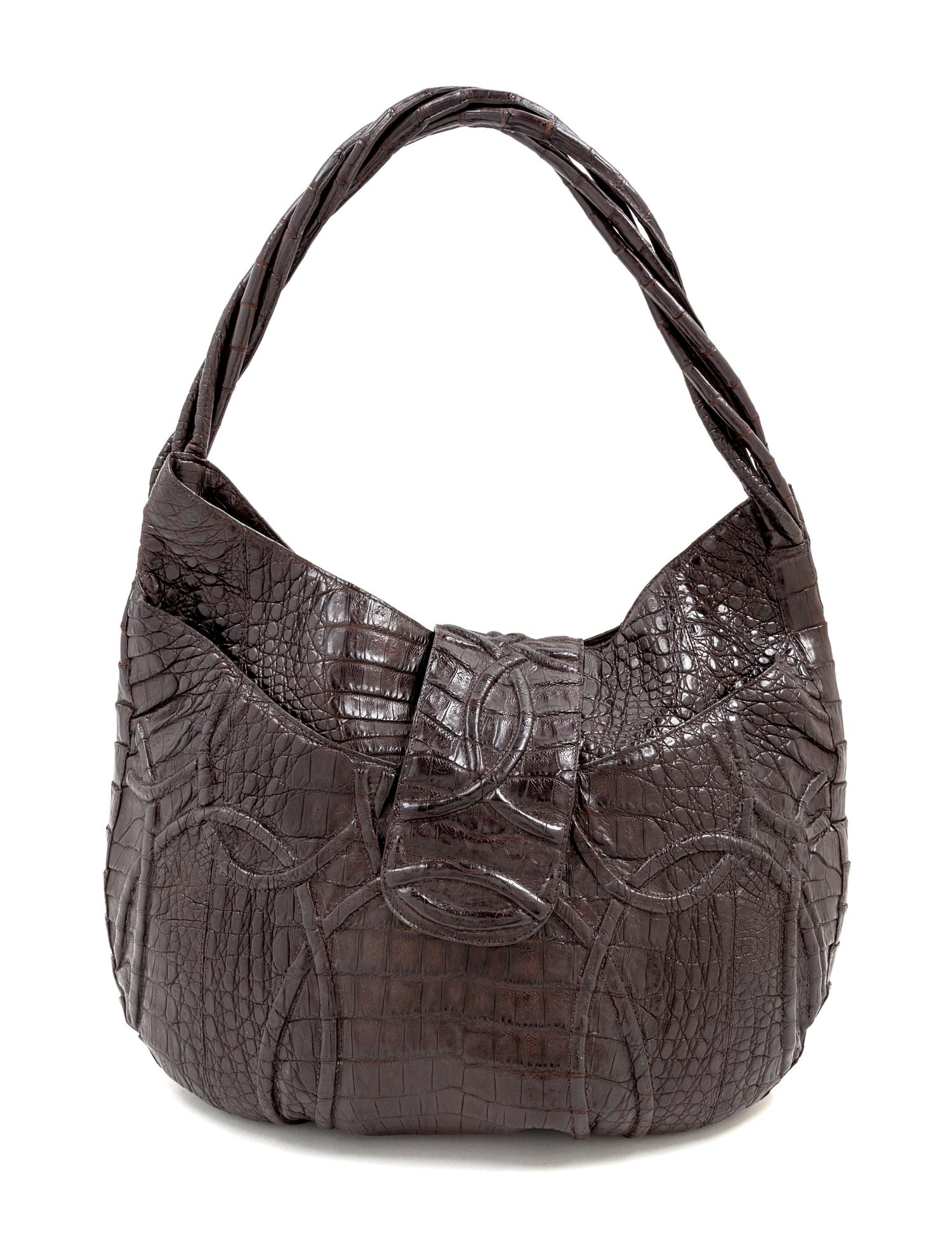 A Nancy Gonzales Brown Alligator Handbag, 17" x 11.5" x 2.5".