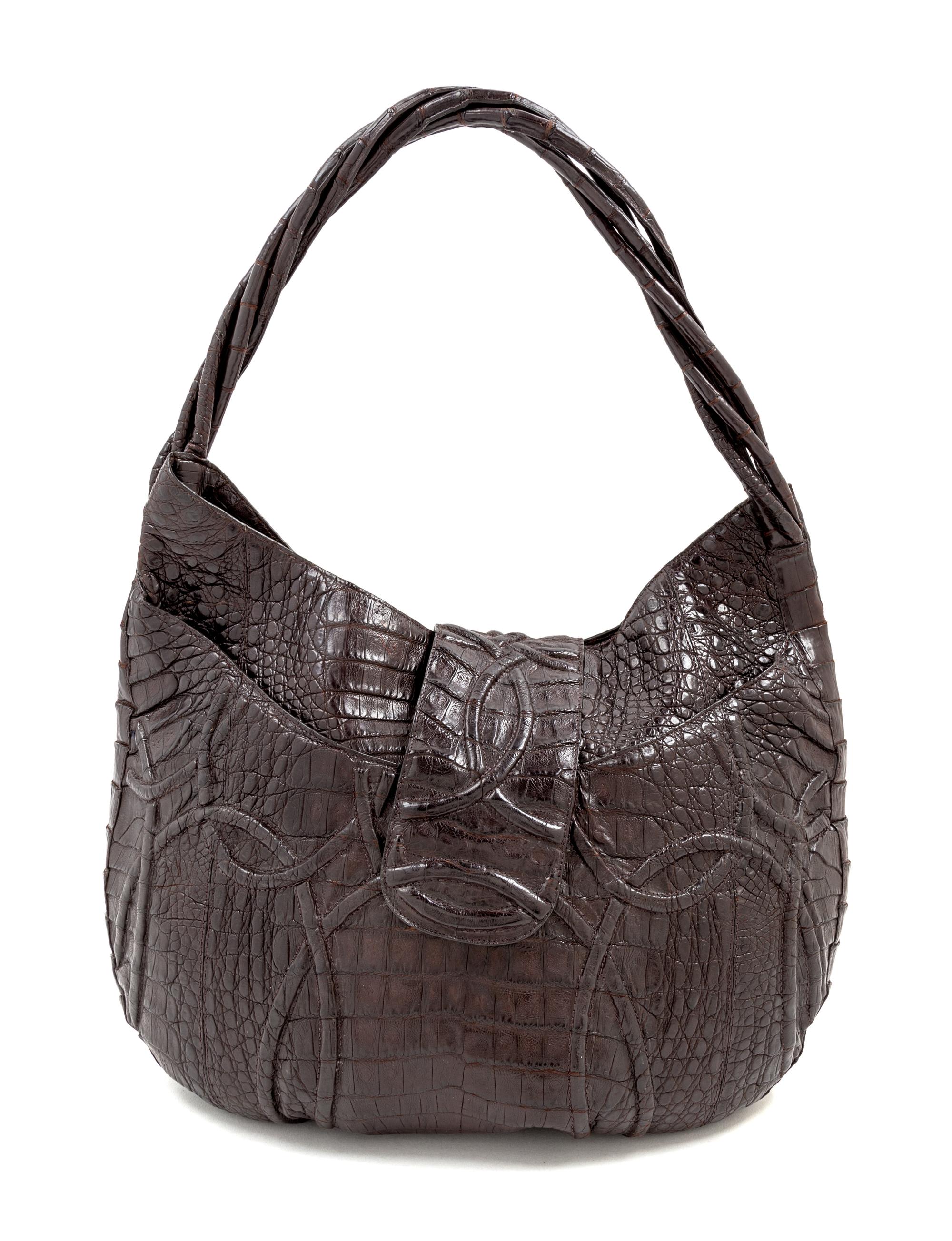 A Nancy Gonzales Brown Alligator Handbag, 17" x 11.5" x 2.5".