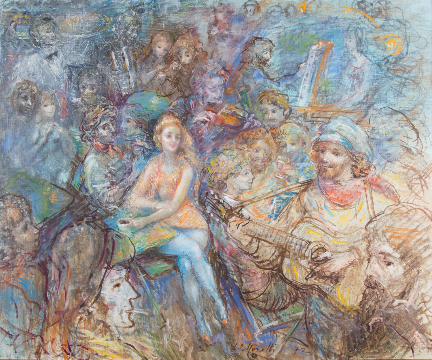 Lucien Philippe Moretti, (French, 1922-2000), Cafe cene with musicians and artist, 1972
