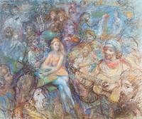 Lucien Philippe Moretti, (French, 1922-2000), Cafe cene with musicians and artist, 1972