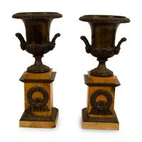 A Pair of French Bronze Urns on Marble Bases — 19TH/20TH CENTURY