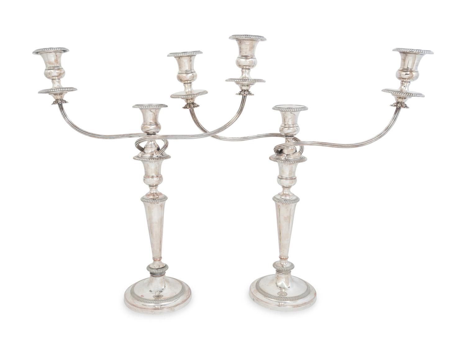 A Pair of English Silver-Plate Three Light Candelabra