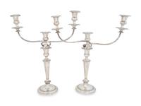 A Pair of English Silver-Plate Three Light Candelabra