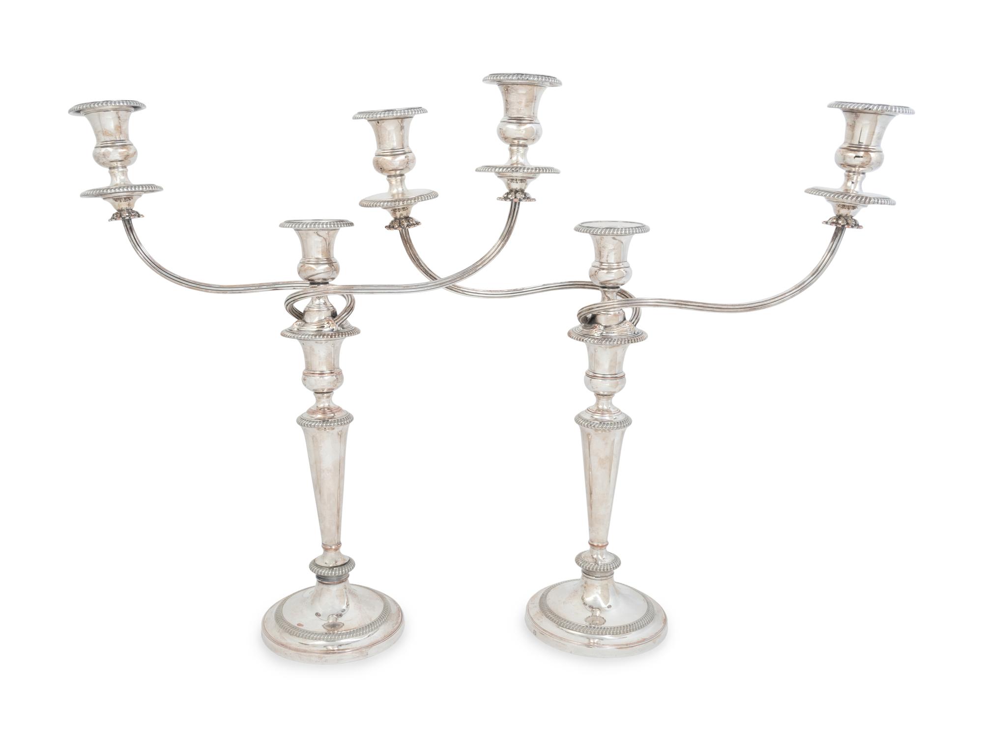 A Pair of English Silver-Plate Three Light Candelabra