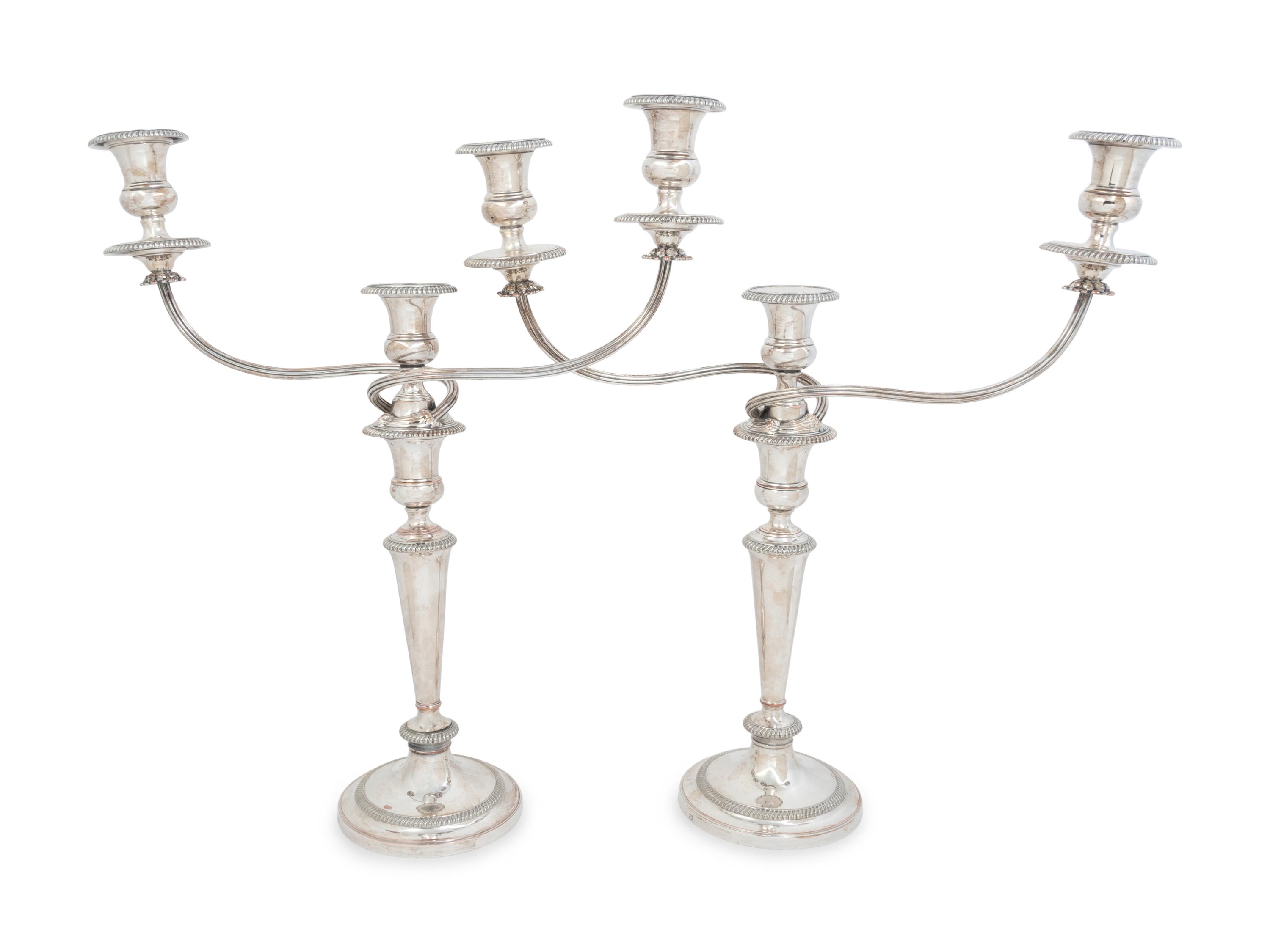 A Pair of English Silver-Plate Three Light Candelabra
