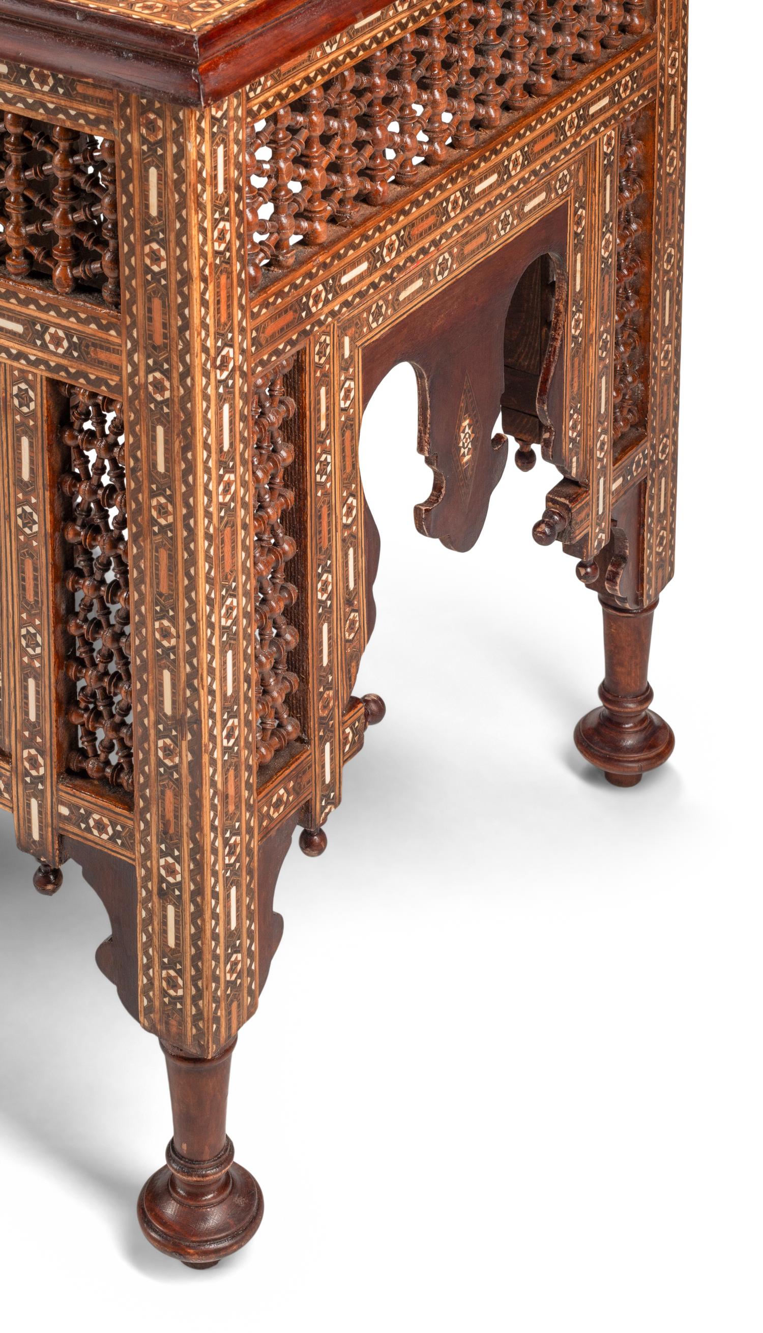 A Pair of Levantine Turned Walnut, Marquetry and Abalone-Inlaid Side Tables