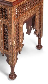 A Pair of Levantine Turned Walnut, Marquetry and Abalone-Inlaid Side Tables